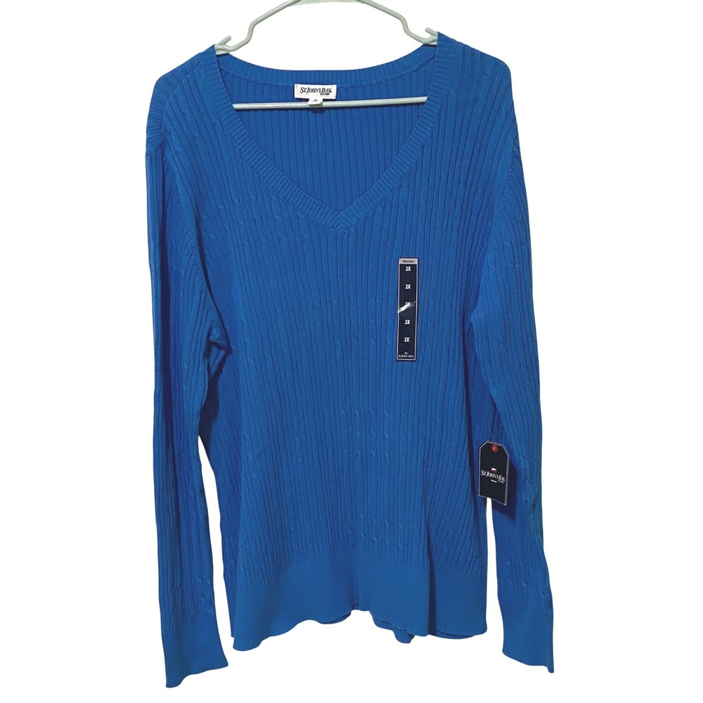 Womens 2X Blue Campanula Cotton Cable Knit V-Neck Sweater Preppy Ivy League Chic